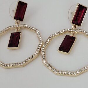 DKNY Orbital Gold Tone Earrings Red Baguette Pave' Crystal 1.75"